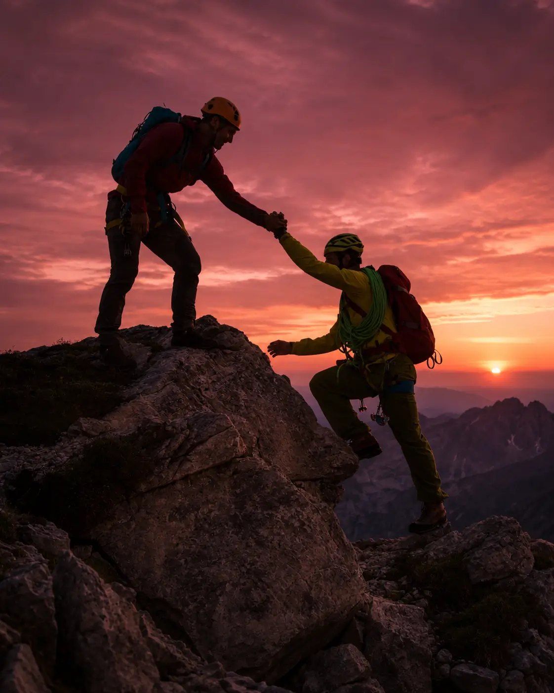 Climbers helping each other reach a summit at sunset
